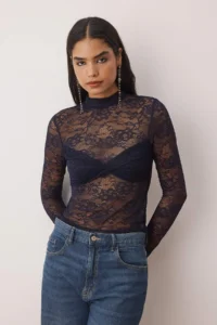 TRENDYOLMİLLA Navy Blue Dog collar Lace Party Unlined Blouse - Image 2