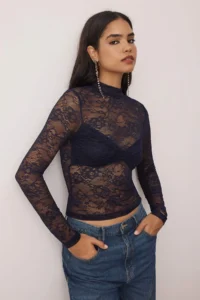 TRENDYOLMİLLA Navy Blue Dog collar Lace Party Unlined Blouse - Image 3