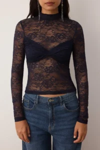 TRENDYOLMİLLA Navy Blue Dog collar Lace Party Unlined Blouse - Image 4
