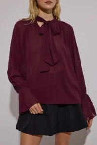 TRENDYOLMİLLA Koyu Burgundy Barbell Neck Unlined Transparan Weaving Party Blouse - Image 7