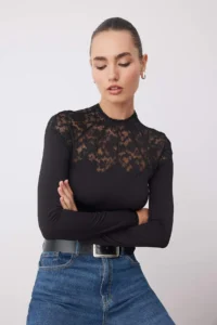 TRENDYOLMİLLA Black Dog collar Lace Detailed Knitting Party Blouse