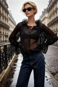 TRENDYOLMİLLA Black Unlined Barbell Neck Weaving Party Boho Blouse