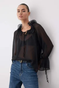 TRENDYOLMİLLA Black Unlined Barbell Neck Weaving Party Boho Blouse - Image 3