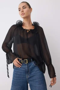 TRENDYOLMİLLA Black Unlined Barbell Neck Weaving Party Boho Blouse - Image 4
