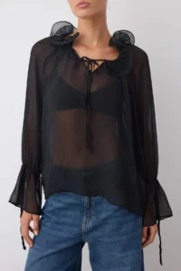 TRENDYOLMİLLA Black Unlined Barbell Neck Weaving Party Boho Blouse - Image 5