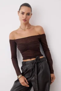 TRENDYOLMİLLA Brown Carmen Collar Knitting Party Blouse