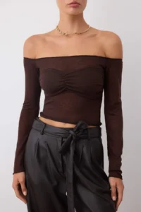 TRENDYOLMİLLA Brown Carmen Collar Knitting Party Blouse - Image 3