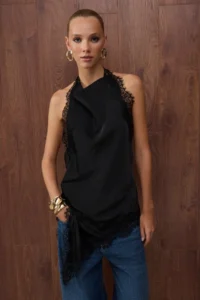 TRENDYOLMİLLA Special Collection Black Off-Shoulder Neck Asymmetric Cut Satin Party Blouse - Image 2