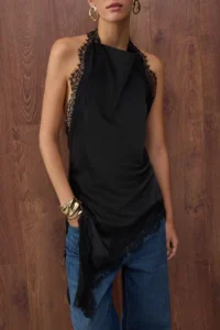 TRENDYOLMİLLA Special Collection Black Off-Shoulder Neck Asymmetric Cut Satin Party Blouse - Image 3