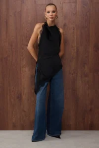 TRENDYOLMİLLA Special Collection Black Off-Shoulder Neck Asymmetric Cut Satin Party Blouse - Image 4