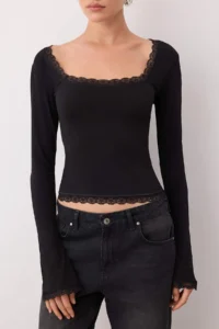 TRENDYOLMİLLA Black Lace Detailed Square Neck Knitting Party Blouse - Image 3