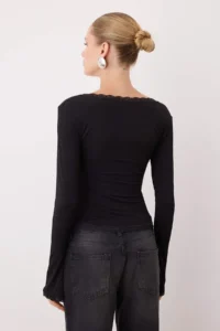 TRENDYOLMİLLA Black Lace Detailed Square Neck Knitting Party Blouse - Image 4