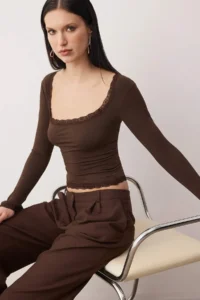 TRENDYOLMİLLA Dark Brown Lace Detailed Square Neck Knitting Party Blouse