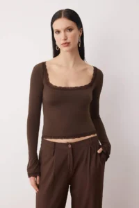 TRENDYOLMİLLA Dark Brown Lace Detailed Square Neck Knitting Party Blouse - Image 2