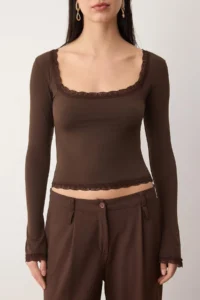 TRENDYOLMİLLA Dark Brown Lace Detailed Square Neck Knitting Party Blouse - Image 3