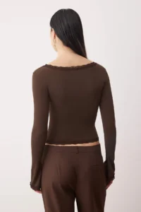 TRENDYOLMİLLA Dark Brown Lace Detailed Square Neck Knitting Party Blouse - Image 4