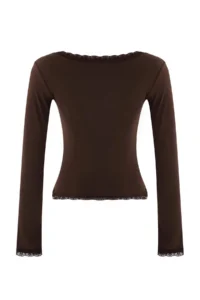 TRENDYOLMİLLA Dark Brown Lace Detailed Square Neck Knitting Party Blouse - Image 6