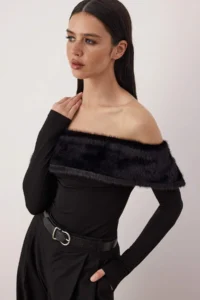 TRENDYOLMİLLA Black Faux Fur Carmen Collar Knitting Party Blouse - Image 2