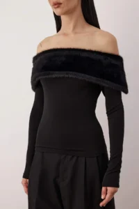 TRENDYOLMİLLA Black Faux Fur Carmen Collar Knitting Party Blouse - Image 3