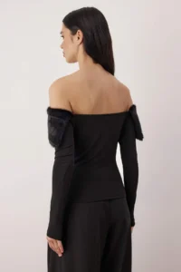 TRENDYOLMİLLA Black Faux Fur Carmen Collar Knitting Party Blouse - Image 4