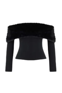 TRENDYOLMİLLA Black Faux Fur Carmen Collar Knitting Party Blouse - Image 5