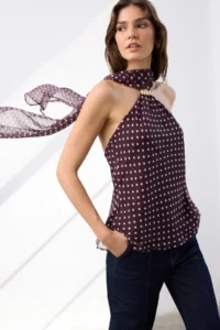TRENDYOLMİLLA Koyu Burgundy Polka Dot Barbell Collar Gold Accessory Detailed Weaving Elegant/Evening Blouse