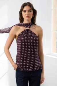 TRENDYOLMİLLA Koyu Burgundy Polka Dot Barbell Collar Gold Accessory Detailed Weaving Elegant/Evening Blouse - Image 2