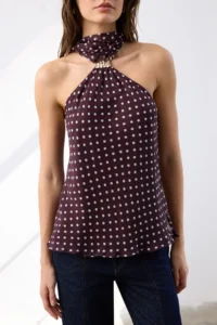 TRENDYOLMİLLA Koyu Burgundy Polka Dot Barbell Collar Gold Accessory Detailed Weaving Elegant/Evening Blouse - Image 3
