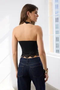 TRENDYOLMİLLA Black Lace Stripe Detailed Barbell Collar Knitting Party Blouse - Image 3