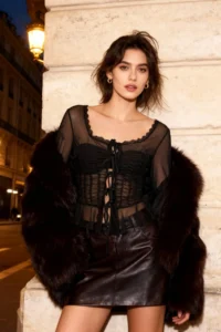 TRENDYOLMİLLA Black Lace Detailed Transparan Square Neck Shirred Knitting Tulle Party Blouse - Image 2