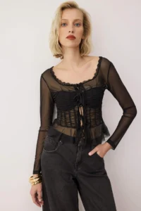 TRENDYOLMİLLA Black Lace Detailed Transparan Square Neck Shirred Knitting Tulle Party Blouse - Image 3