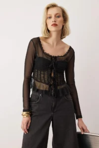 TRENDYOLMİLLA Black Lace Detailed Transparan Square Neck Shirred Knitting Tulle Party Blouse - Image 4