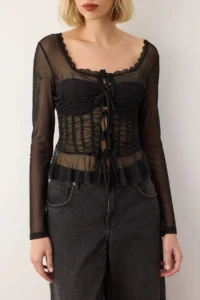 TRENDYOLMİLLA Black Lace Detailed Transparan Square Neck Shirred Knitting Tulle Party Blouse - Image 5