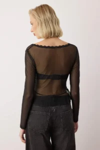 TRENDYOLMİLLA Black Lace Detailed Transparan Square Neck Shirred Knitting Tulle Party Blouse - Image 6