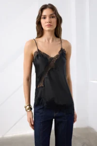 TRENDYOLMİLLA Black Lace Detailed Asymmetric Kesim Satin Blouse