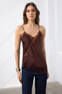TRENDYOLMİLLA Brown Lace Detailed Asymmetric Kesim Satin Blouse - Image 2