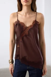 TRENDYOLMİLLA Brown Lace Detailed Asymmetric Kesim Satin Blouse - Image 3