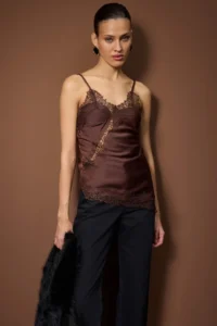TRENDYOLMİLLA Brown Lace Detailed Asymmetric Kesim Satin Blouse - Image 5