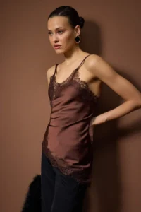 TRENDYOLMİLLA Brown Lace Detailed Asymmetric Kesim Satin Blouse - Image 6