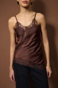 TRENDYOLMİLLA Brown Lace Detailed Asymmetric Kesim Satin Blouse - Image 7