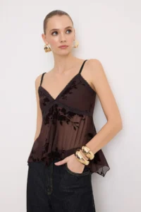 TRENDYOLMİLLA Brown Floral Flywheel Detailed Tulle Party Blouse