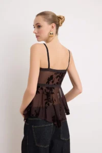 TRENDYOLMİLLA Brown Floral Flywheel Detailed Tulle Party Blouse - Image 4