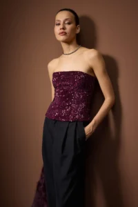 TRENDYOLMİLLA Plum Strapless sequined Bedene Oturan Party Blouse - Image 2