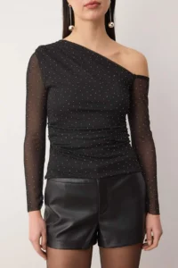 TRENDYOLMİLLA Black shiny Stone Printed Asymmetric Yaka Knitting Party Blouse - Image 3