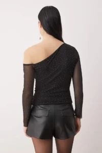 TRENDYOLMİLLA Black shiny Stone Printed Asymmetric Yaka Knitting Party Blouse - Image 4