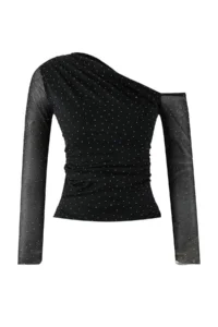 TRENDYOLMİLLA Black shiny Stone Printed Asymmetric Yaka Knitting Party Blouse - Image 5