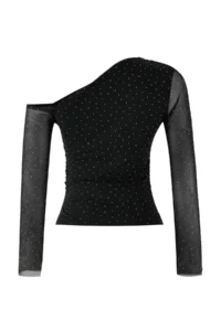 TRENDYOLMİLLA Black shiny Stone Printed Asymmetric Yaka Knitting Party Blouse - Image 6