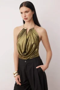 TRENDYOLMİLLA Tan Accessory Detailed Off-Shoulder Neck Knitting Party Blouse