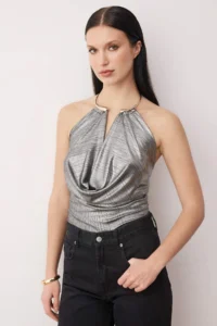 TRENDYOLMİLLA Silver Accessory Detailed Off-Shoulder Neck Knitting Party Blouse