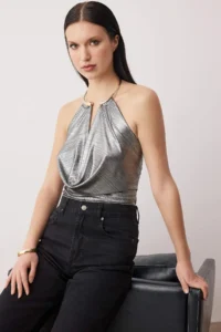 TRENDYOLMİLLA Silver Accessory Detailed Off-Shoulder Neck Knitting Party Blouse - Image 2